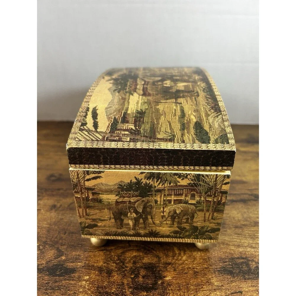 Wood Keepsake Chest Box Jungle Elephant Design Hinge Lid Decorative Storage Case